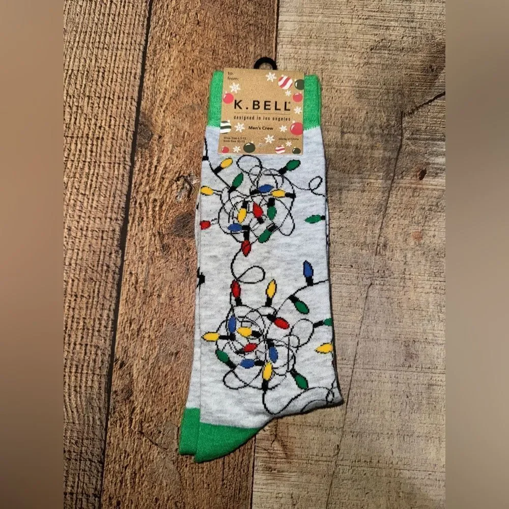 💜 k bell mens crew socks Christmas holiday tangled lights nwt